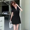 Vestido rosa transfronterizo para mujer, verano, cuello polo, entallado a la cintura, adelgazante, deportivo, falda con cordón, camiseta francesa