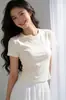 Nova Camiseta Feminina Redonda 220g com Alta Elasticidade, Costurada Lisa de Manga Curta, Caimento Normal nos Ombros, Modelagem Justa, Camiseta Básica Tendência