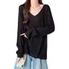 Suéter de Punto de Manga Larga con Cuello en V para Mujer, Camiseta de Punto para Principios de Otoño, Nuevo Estilo, Talla Grande, Adelgazante, Holgado, Casual para Mujeres con Sobrepeso