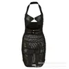 Moda Sexy de Comercio Exterior Europeo y Americano Color Sólido Botón Hueco Cuello Halter Ajustado Bodycon Vestido Corto de Verano para Mujer
