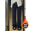 Jeans Retos Pretos para Mulheres, Forrados com Lã de Inverno, Tamanho Plus, Caimento Solto, Emagrecedores, Corpo em Formato de Pera, Calças de Perna Larga Estreita