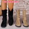 2025 Exportación Transfronteriza Moda Europea y Americana Otoño e Invierno Nuevas Botas de Cuero para Mujer Plisadas Vaqueras Occidentales Punta Redonda Media Pantorrilla Botas para Mujer