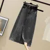 Saia jeans de cintura alta retrô para mulheres 2023 novo design sense nicho comprimento médio saia evasê fenda verão