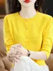Moda Femenina de Verano Nuevo Estilo Coreano y Japonés Diseño de Color Sólido Cuello Redondo Algodón Puro Manga Corta Rebeca de Punto Elegante Top Básico