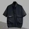 Camiseta Masculina de Manga Curta com Gola Alta e Meio Zíper, Marca Tendência de Verão para Trabalho com Design de Bolso 3D, Top Casual Solto