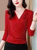 Nueva Blusa de Moda con Cuello en V, Malla Elástica Ajustada, Femenina y Versátil, Camiseta Básica que Reduce la Edad, Camisa de Flores a la Moda
