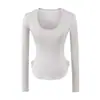 Camiseta Básica Feminina Manga Longa Gola U Cor Sólida com Barra Curva, Estilo Pure Desire, Slim Fit, para a Primavera