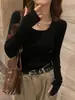 Top Base de Cuello Cuadrado Gris para Mujer Primavera y Otoño Nuevo Estilo Ropa Interior Tejido de Canalé Ajustado Camiseta Interior Corta