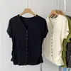 Camiseta de Algodón Tencel 2026 con Pliegues Laterales en la Cintura Adelgazante, Cuello en V, Botones para Mujer, Estilo Coreano de Verano, Hombro Normal, Corte Delgado, Top Elástico