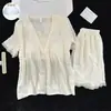 Pijama Duas Peças Nuvens de Algodão Azul Claro com Renda e Decote V para Mulheres, Verão, Manga Curta, Shorts com Bojo, Conjunto Suave e Romântico para Casa