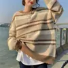 Suéter de Bloques de Color a Rayas para Mujer, Nuevo Otoño/Invierno Estilo Perezoso Vintage Holgado Versátil Cuello Redondo Jersey de Punto para Mujer