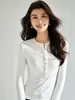 26 Outono Novo Feminino Rosa Mistura de Lã Slim Fit Elástico Manga Longa Tricô Camiseta com Gola Redonda 22773