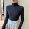 Capa base de cachemira para mujer, suéter de punto ajustado de cuello alto para otoño e invierno con cuello superpuesto, suéter de punto de manga larga para usar en capas