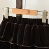 Conjunto Novo de Primavera e Outono para Meninas: Conjunto de Duas Peças: Blusa Marrom de Renda com Manga Longa e Saia de Veludo em Camadas, Roupa Infantil Casual Transfronteiriça
