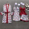 Ropa Interior Sexy Explosiones Europeas y Americanas Encaje Sexy Estampado Tirantes Pantalones Cortos Pantalones Cárdigan Bata de Mañana Juego de Cinco Piezas