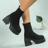 Nuevas Botas de Tobillo de Punto Volador de Talla Grande de Comercio Exterior Botas Tipo Calcetín Elástico de Caña Alta con Tacones Gruesos y Suelas Gruesas Slip-On Botas Martin Europeas y Americanas