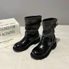 Botas de media pantorrilla, estilo retro, versión coreana, punta redonda, diseño de nicho, colección 2026, botas versátiles para mujer, invierno, con detalles de hebilla