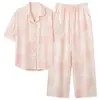Pijama de Algodão Puro Manga Curta Calça Longa Feminino 100% Algodão Manga Curta Calça Longa Cardigã Lapela Transmissão ao Vivo Tamanho Grande Roupa de Casa Feminina