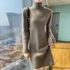 Gola alta de pelo encaracolado liso cor sólida suéter base vestido midi elegante para o trabalho todo em lã novo saia de tricô feminina