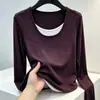 Camiseta feminina de algodão de bambu para outono, corte slim, color block, falsa peça dupla, manga longa, top simples casual moderno