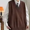 Chaleco de Lana Marrón con Cuello en V para Primavera y Otoño para Hombre Marca Trendy Ins Suelto Casual Sin Mangas Tejido Estilo Coreano Tejido Trendy