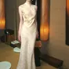 En stockSombra de BambúVestido Bordado Estilo Chino Nuevo para Mujer, Elegante Vestido Largo Cheongsam de Jacquard sin Mangas