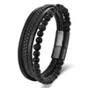 Pulseira Tecida Transfronteiriça, Personalizada e Versátil Pedra Olho de Tigre Fivela Magnética Pulseira de Couro, Pulseira Masculina Aço Inoxidável Multicamadas Retro