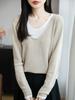 Ropa de punto para mujer de lana fina con cuello en V, manga larga, suéter holgado, combinación de colores, estilo dos piezas falsas, Novedad Otoño Temprano 2025