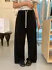 Calça feminina afunilada versátil relaxada de cintura alta e perna larga, outono 2026 cintura elástica cordão solta reta casual para mulheres