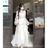 Vestido Fruncido Francés con Cintura, Estilo Suave, Mangas Largas, Falda Blanca de Hada Súper Hada, Falda de Playa para Vacaciones en la Costa