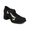 Novos sapatos Mary Jane femininos de camada única camurça laço salto alto grosso tira sapatos casuais femininos primavera e outono 40-43 comércio exterior
