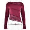 Amazon desejo primavera novo top com costura feminina moda europeia e americana sexy justo gancho manga longa gola redonda camiseta