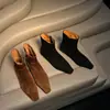 Botines Cortos de Cuero de Oveja con Punta Cuadrada para Mujer Botines Delgados Otoño e Invierno Nuevos Vintage con Cremallera Lateral Tacón Bajo Botines Cortos para Mujer Botines Individuales de Moda