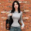 Top base camada com gola V em blocos de cor, forrado com fleece escovado, para mulheres, novo tricô justo para outono e inverno