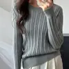 Nuevo tejido de punto de algodón puro de primavera para mujer, top sencillo de cuello redondo, manga larga, acanalado, color liso, corte ajustado