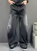 Jeans Masculino Retrô Americano Lavado Desgastado Rasgado Tendência Perna Reta Solta Abertura com Cordão Calças Compridas até o Chão