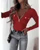Estoque Transfronteiriço Amazon Novo Estilo Malha Canelada Slim Fit Gola V Manga Longa Pulôver Zíper Metálico Top Camiseta para Mulheres