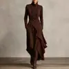 Vestido Longo Feminino Tamanho Europeu 2025 Site Independente da Amazon Primavera e Outono Cor Sólida Manga Longa Cruzado Gola Alta