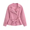 Moda Europea y Americana Transfronteriza Estilo Commuter Chaqueta de Gamuza Rosa para Mujer que Ceñe la Cintura + Falda
