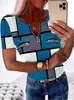 Sitio Independiente de Dropshipping Europeo y Americano Transfronterizo Amazon Ropa para Mujer Bloques de Color Estampado a Cuadros Manga Corta Nuevo Cremallera Cuello Redondo Top