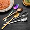 Cuchara y tenedor de ensalada de acero inoxidable 304, cuchara de comida occidental de doble propósito integrada, cuchara de mango largo para postres de frutas y pasteles, tenedor de superficie