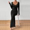 Vestido Largo Ajustado de Manga Larga con Escote en U Profundo y Lazada Frontal, Estilo Europeo y Americano Sexy y Elegante, para 2026, con un Aspecto Sofisticado
