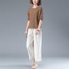 Traje de pantalones de pierna ancha de algodón y lino para madre de mediana edad verano para mujer estilo occidental casual holgado talla grande que cubre el vientre camiseta conjunto de dos piezas para mujer