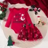 Conjunto Navideño para Bebé Estampado de Muñeco de Nieve Mameluco de Manga Larga Falda de Tul Roja Conjunto de Tres Piezas para Bebés Niñas