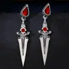 Aretes de Espada Gótica Oscura Europeos y Americanos, Aretes Vintage con Forma de Espada y Piedra Gema Roja en Forma de Gota de Agua Plateados Desgastados, Accesorios de Subcultura