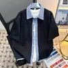 Camisa de Manga Corta con Retazos a Cuadros Estilo Americano para Hombre, Marca de Tendencia Primavera/Verano 2026, Holgada Retro Versátil Camisa Falsa de Dos Piezas para Pareja
