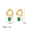 Pendientes de Acero Inoxidable Chapado en Oro de 18K con Zircón Esmeralda y Perla de Agua Dulce, Pendientes de Lujo Ligero de Alta Gama