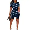 D8058 Amazon Europeu e Americano Quente Moda Casual Feminina Estampado com Padrão Bainha Dividida Manga Curta Conjunto de Shorts