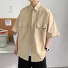Explosiones Transfronterizas Verde Militar Ropa de Trabajo Camisa de Manga Corta para Hombre Alto Sentido de Cachorros Guapo Ins Marca de Moda Estilo Japonés Diseño Suelto
