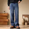 Roupas Masculinas Populares / Jeans Vintage Workwear para Homens, Calça Reta Patchwork de Peso Pesado com Caimento Solto, Calça Longa de Marca Tendência, Corte Reto Emagrecedor